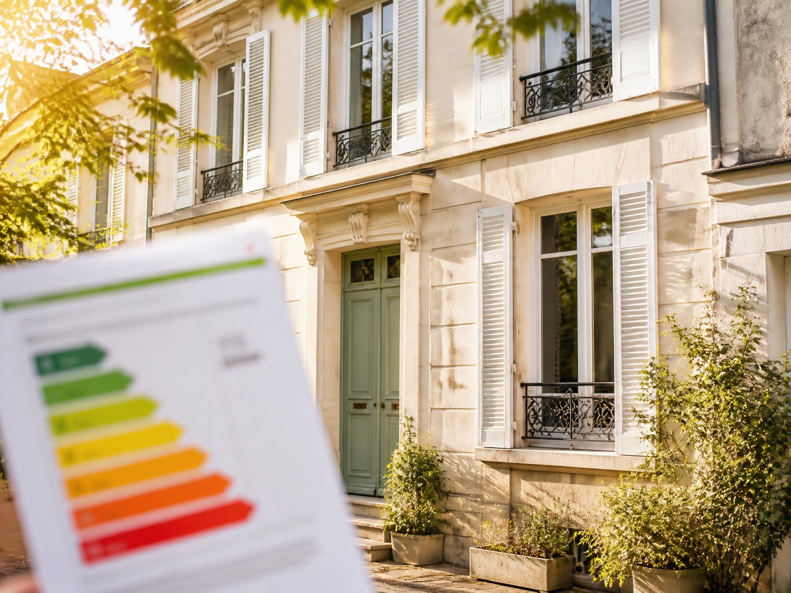 Façade d'immeuble français avec certificat DPE